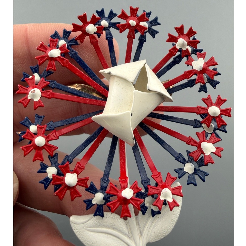 Vintage Metal Flower Brooch Red White Blue Enamel Mod Flower Power 4th of July
